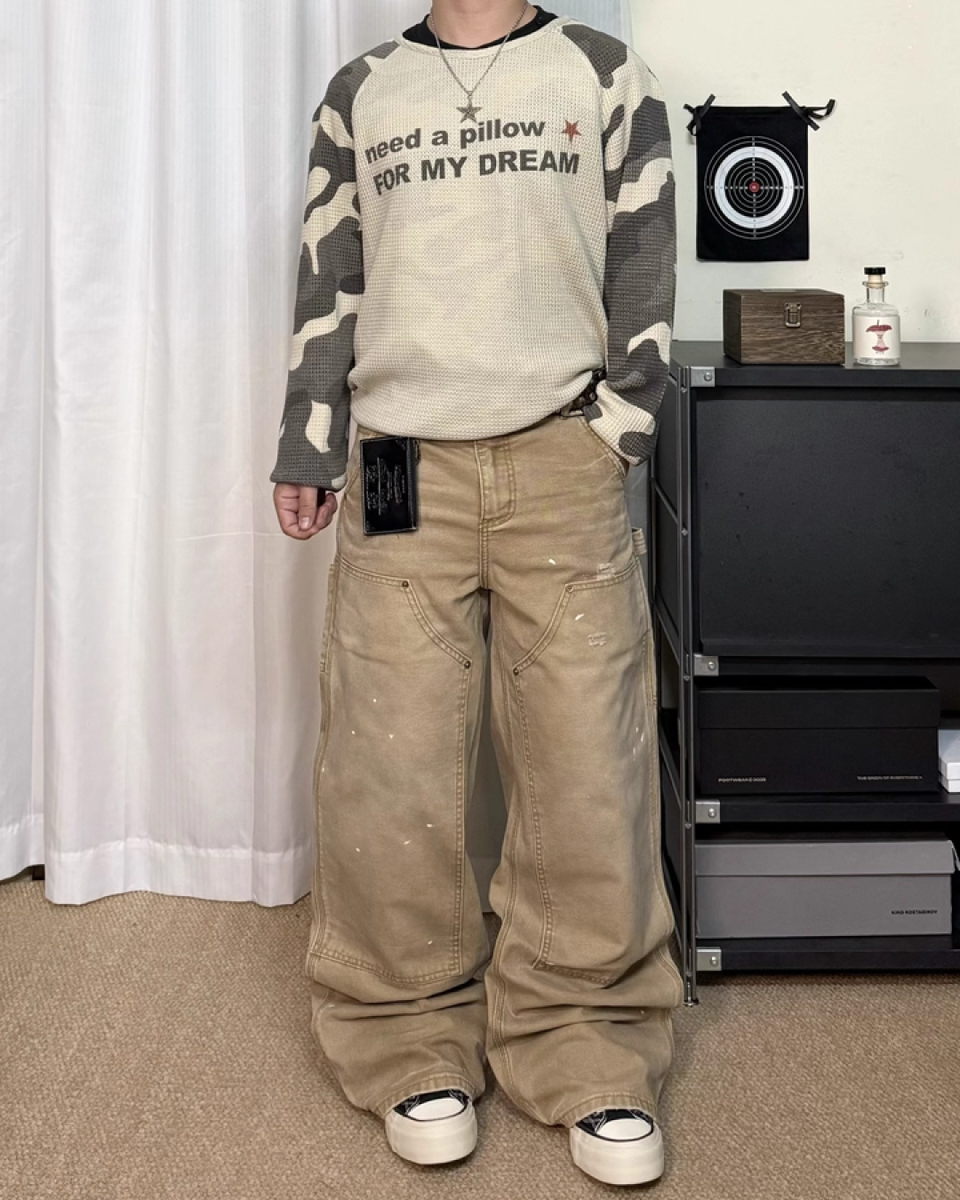 短丈ワッフル迷彩切り替えロンT　CE0001