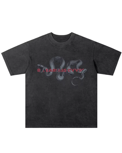 ウォッシュスネークレタリングプリントTシャツ　FM0007