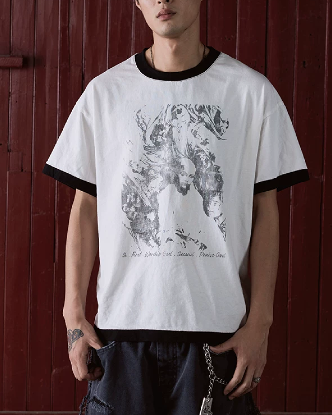 短丈リンガーモチーフデザインTシャツ　FM0055