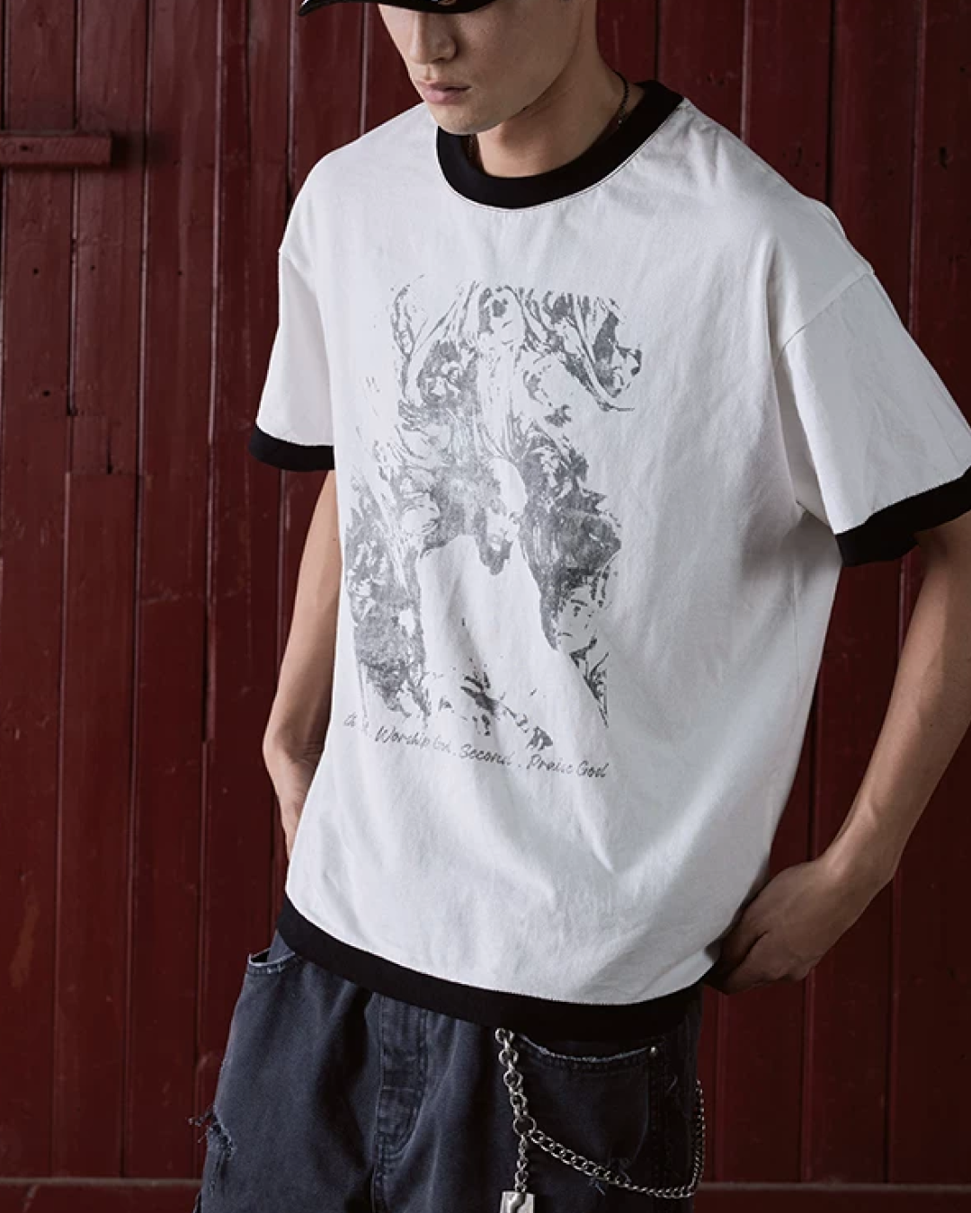 短丈リンガーモチーフデザインTシャツ　FM0055