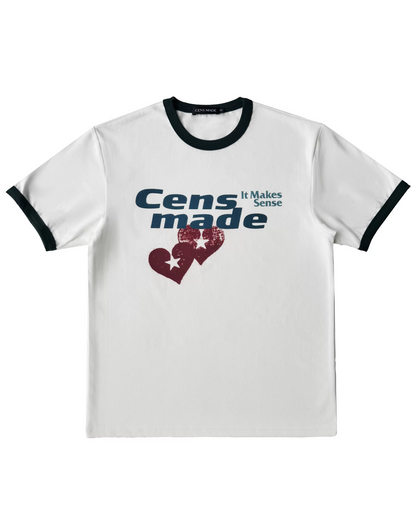 短丈リンガーハートプリントTシャツ　FM0063
