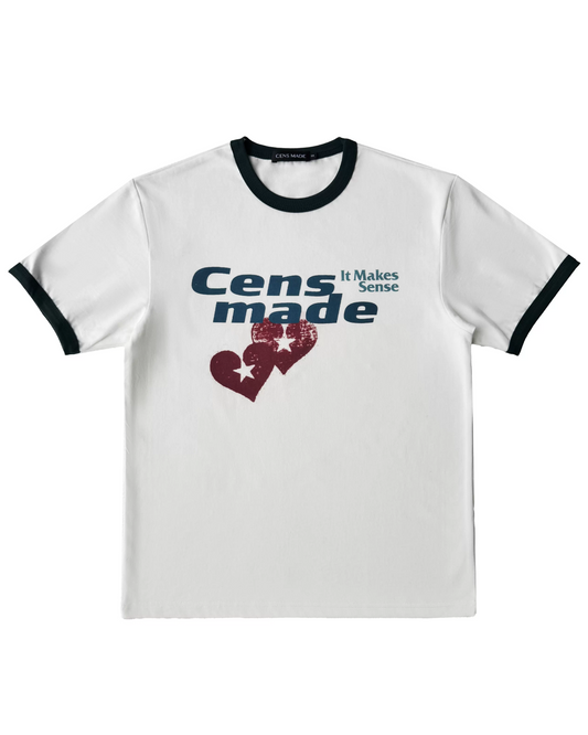 短丈リンガーハートプリントTシャツ　FM0063