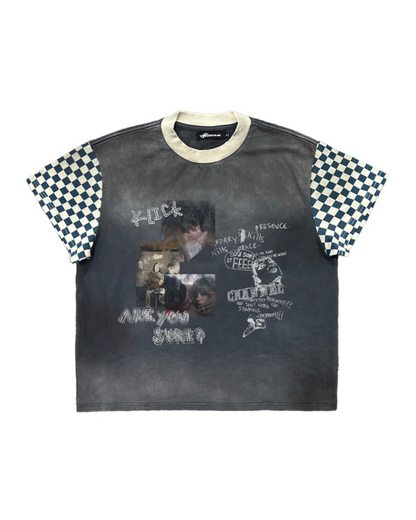 スリーブチェッカーパターン短丈Tシャツ　FM0073