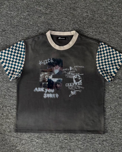 スリーブチェッカーパターン短丈Tシャツ　FM0073