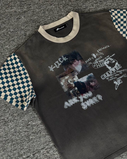 スリーブチェッカーパターン短丈Tシャツ　FM0073