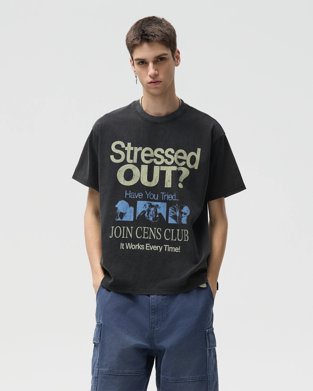 StressedOutデザイン短丈Tシャツ　FM0077