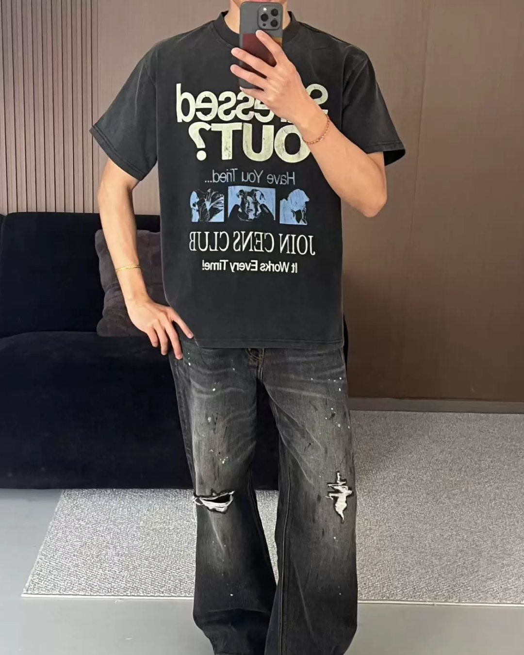 StressedOutデザイン短丈Tシャツ　FM0077