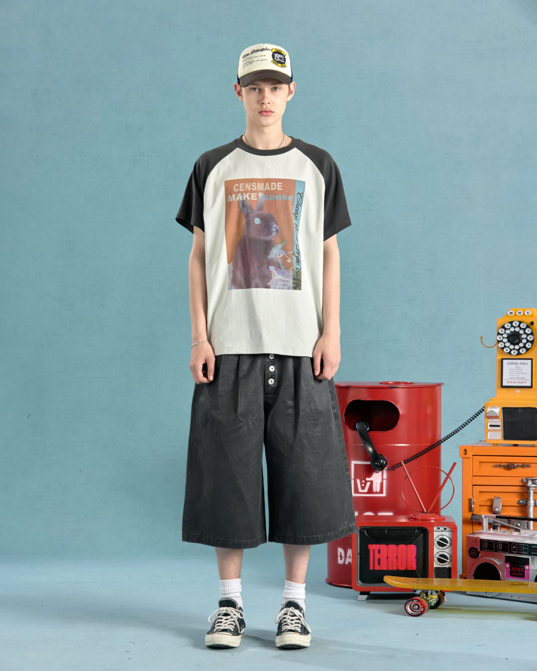 ラビットデザインバイカラー短丈Tシャツ　FM0078