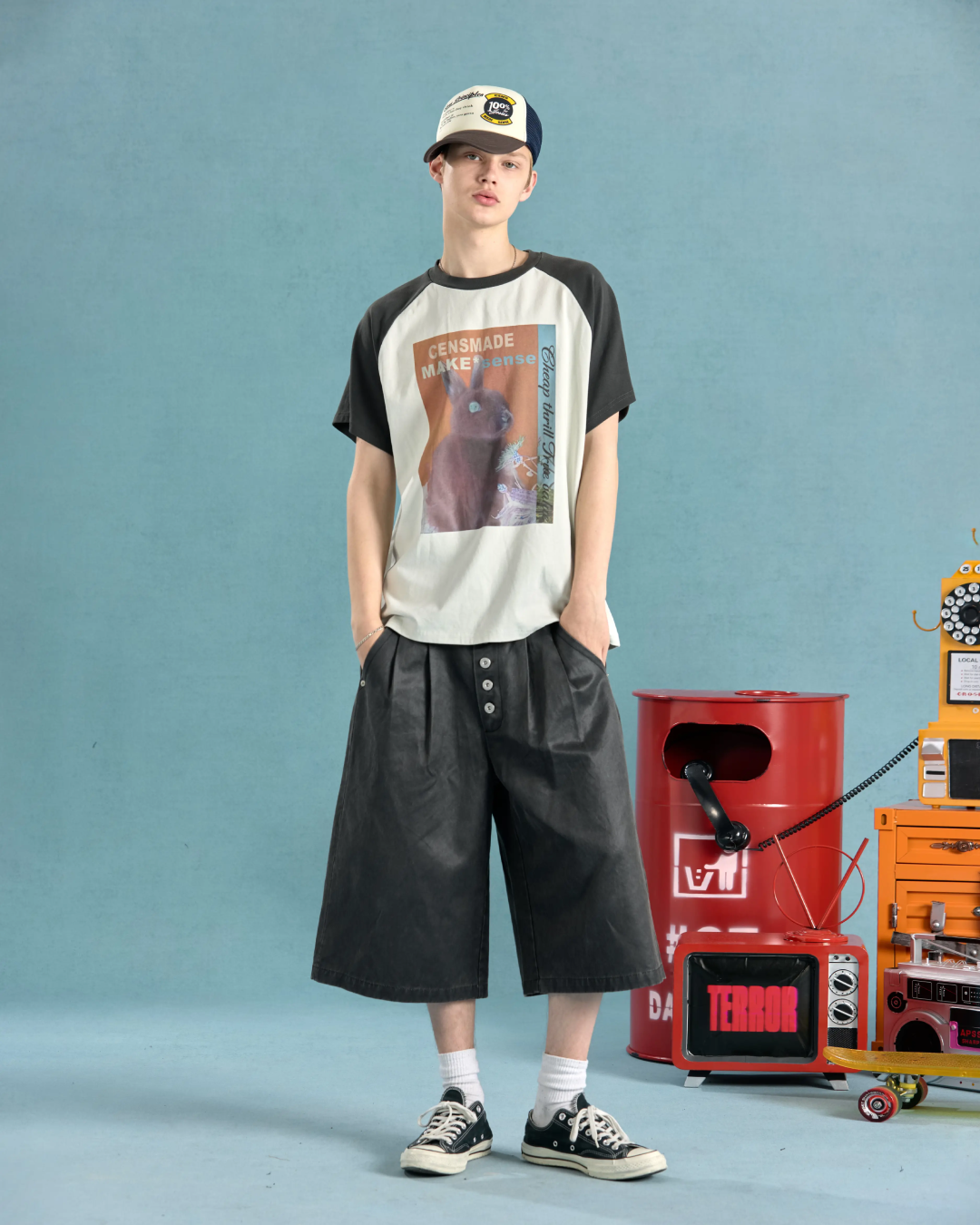 ラビットデザインバイカラー短丈Tシャツ　FM0078