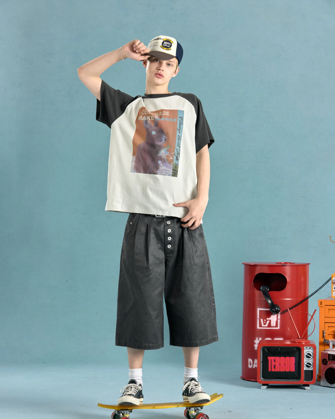 ラビットデザインバイカラー短丈Tシャツ　FM0078