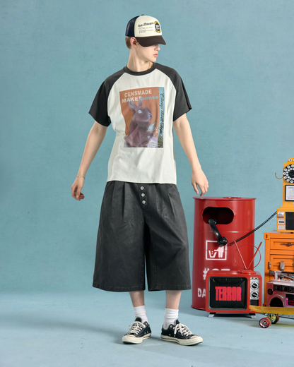ラビットデザインバイカラー短丈Tシャツ　FM0078