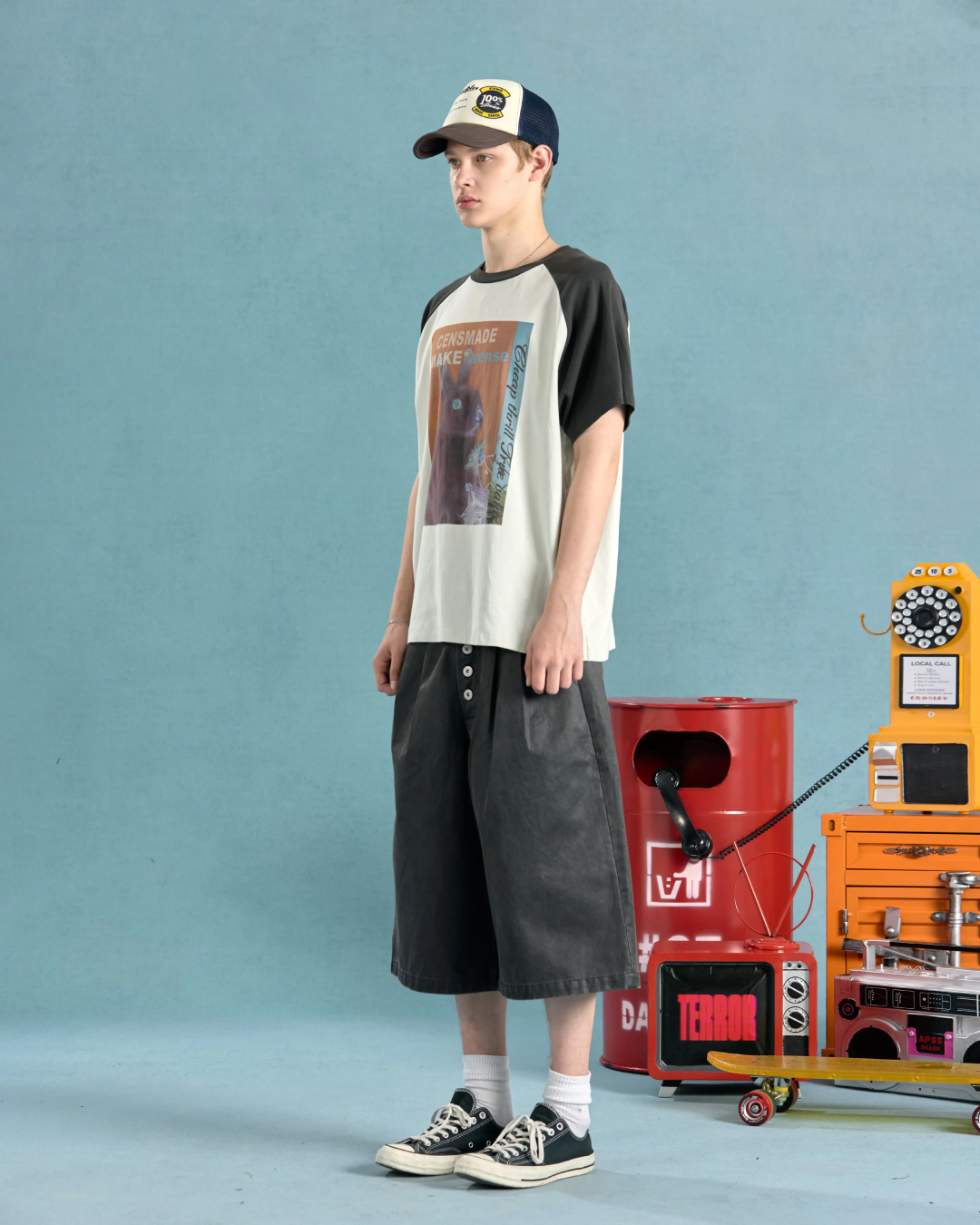 ラビットデザインバイカラー短丈Tシャツ　FM0078