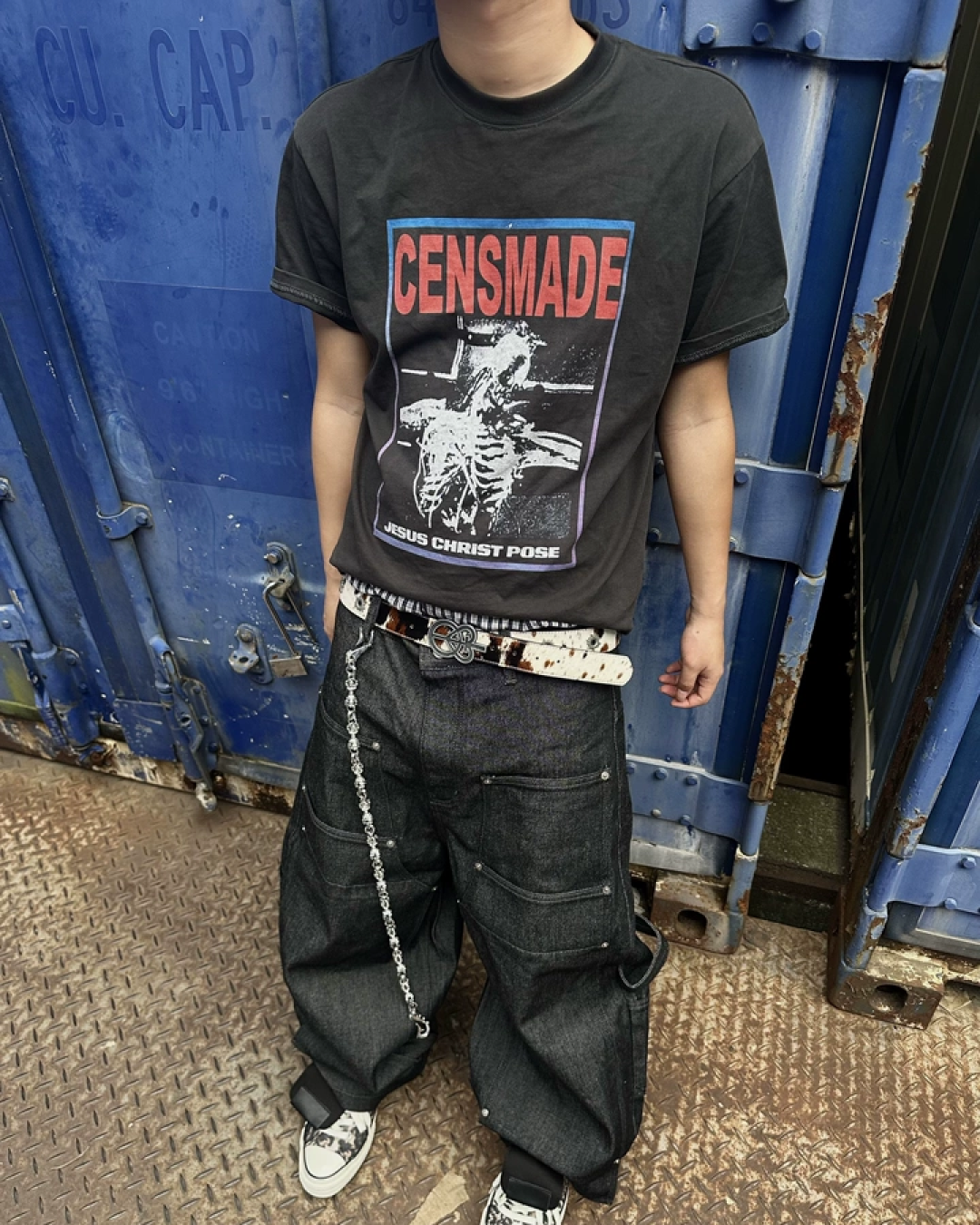 スクエアボーンデザイン短丈Tシャツ　FM0079