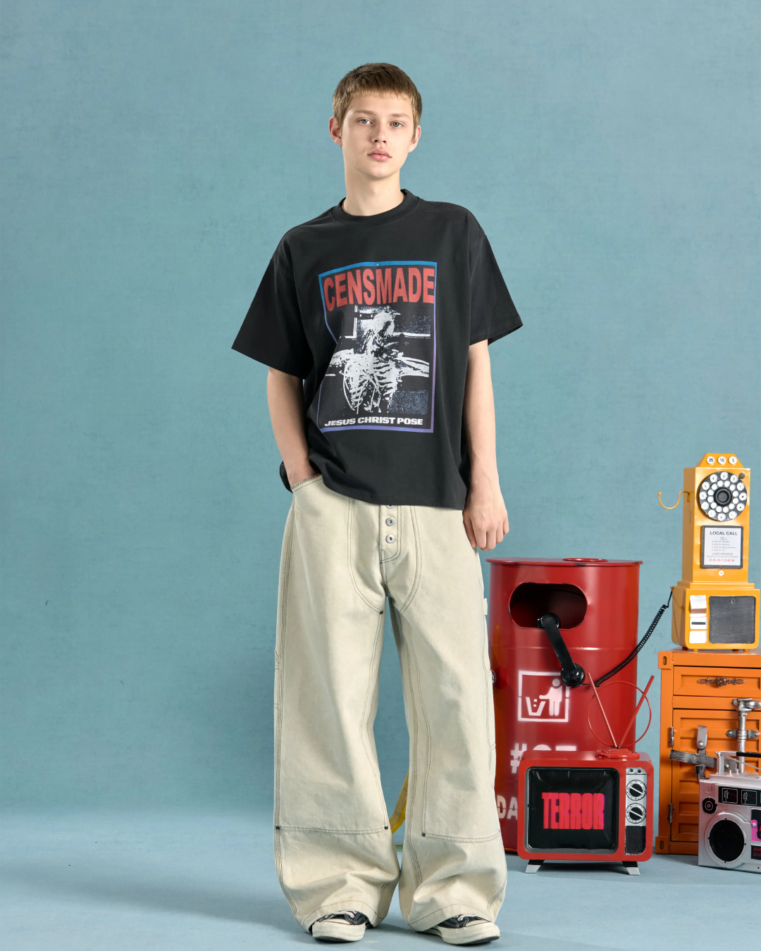 スクエアボーンデザイン短丈Tシャツ　FM0079