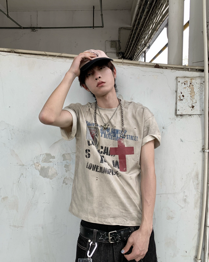 ダーティクロスレタリングデザイン短丈Tシャツ　FM0085