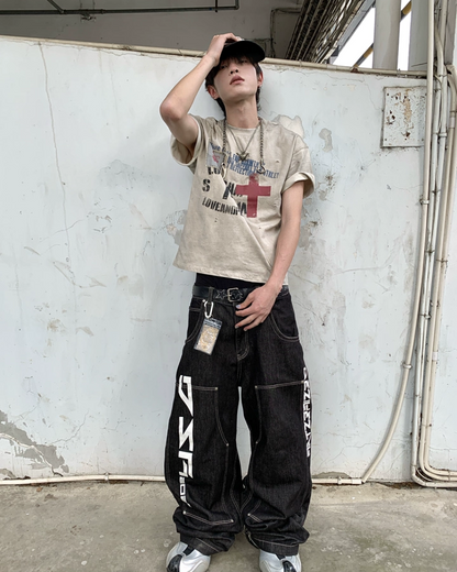 ダーティクロスレタリングデザイン短丈Tシャツ　FM0085