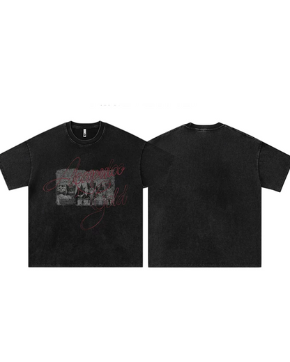 ウォッシュブラックプリントTシャツ　FM0094