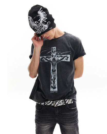 ウォッシュブラッククロス短丈Tシャツ FM0114