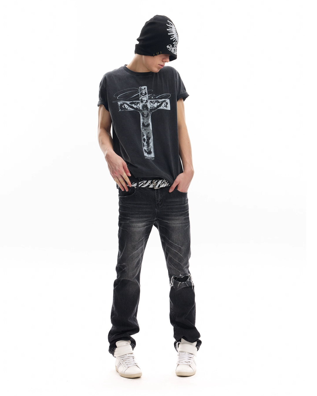 ウォッシュブラッククロス短丈Tシャツ FM0114