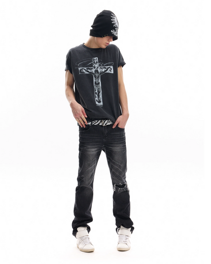 ウォッシュブラッククロス短丈Tシャツ FM0114