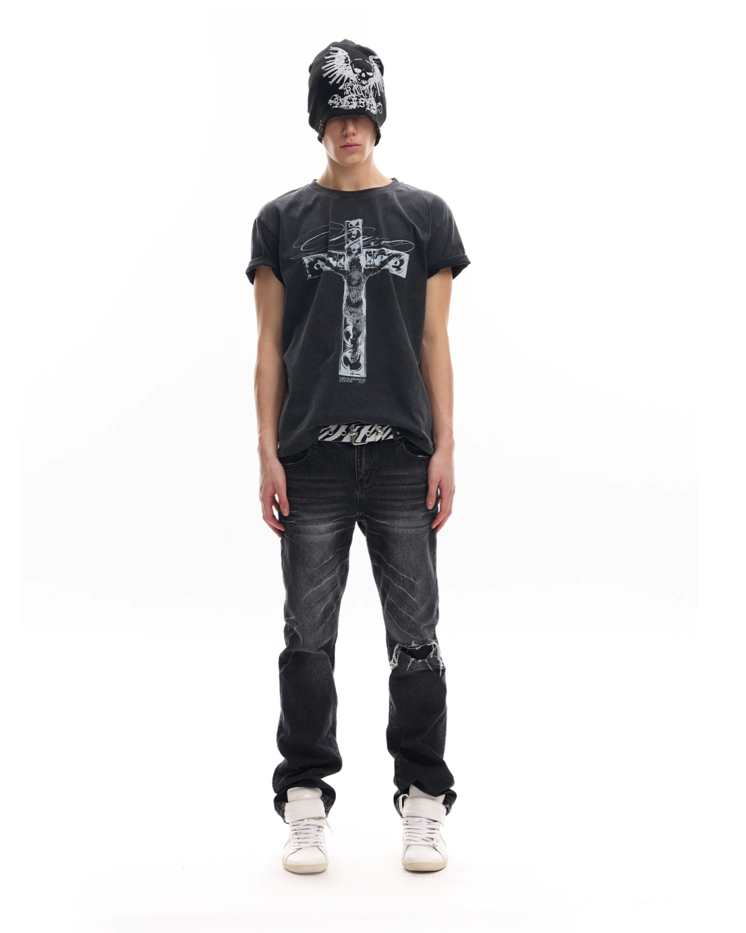 ウォッシュブラッククロス短丈Tシャツ FM0114