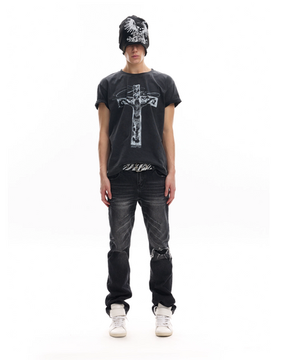 ウォッシュブラッククロス短丈Tシャツ FM0114