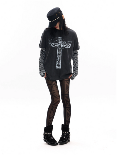 ウォッシュブラッククロス短丈Tシャツ FM0114