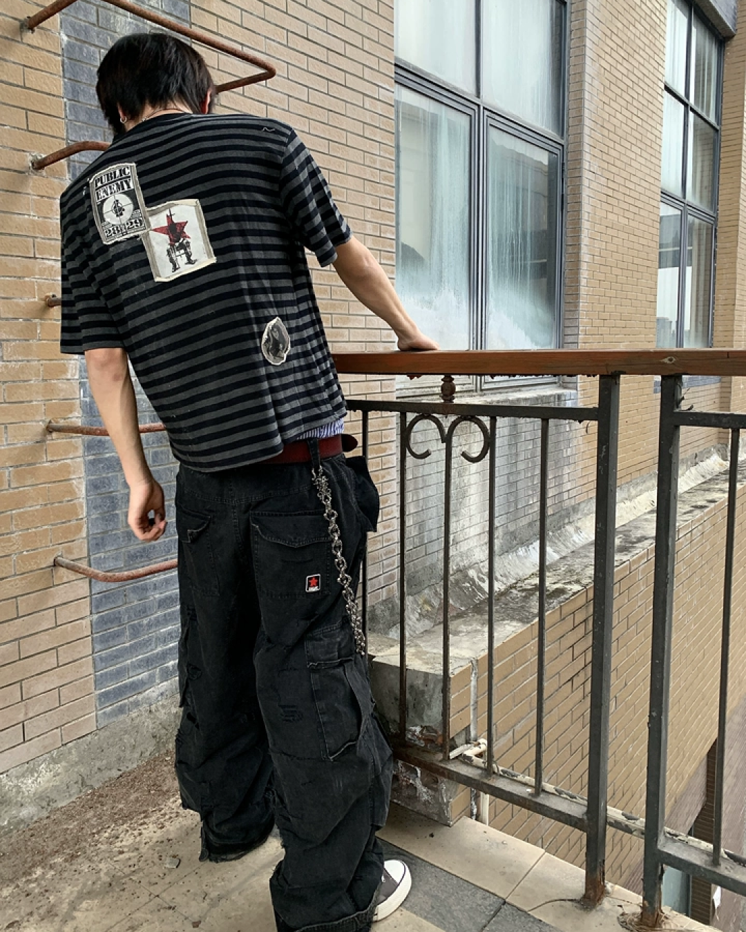 ボーダーパッチデザイン短丈Tシャツ FM0121