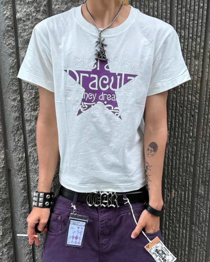 パープルスターレタリング短丈Tシャツ FM0128