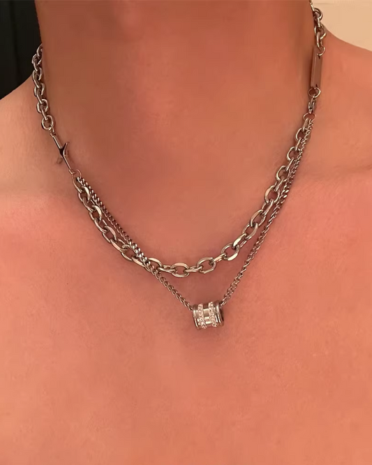 ダブルシルバーチェーンネックレス　L0195