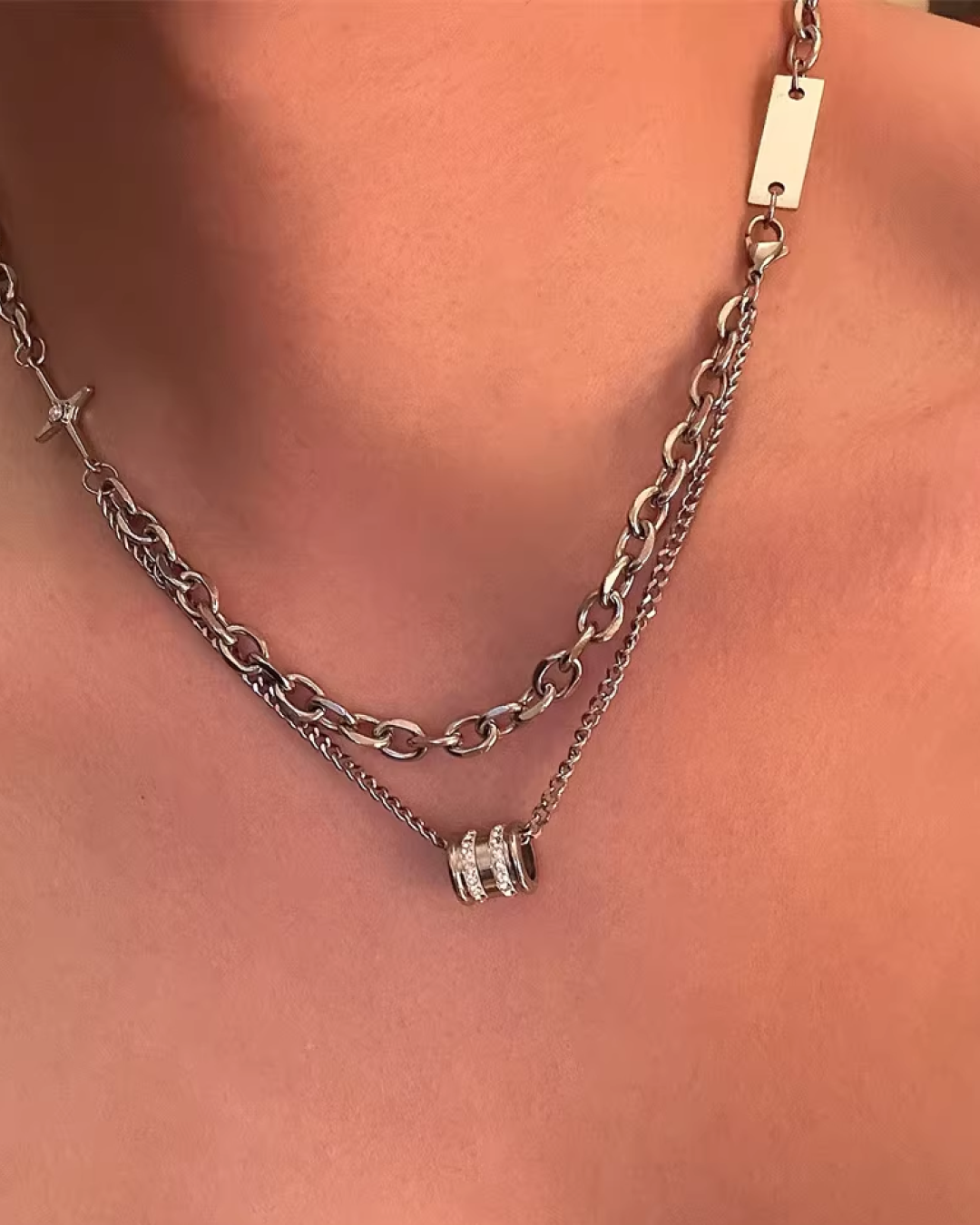 ダブルシルバーチェーンネックレス　L0195