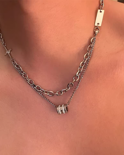 ダブルシルバーチェーンネックレス　L0195