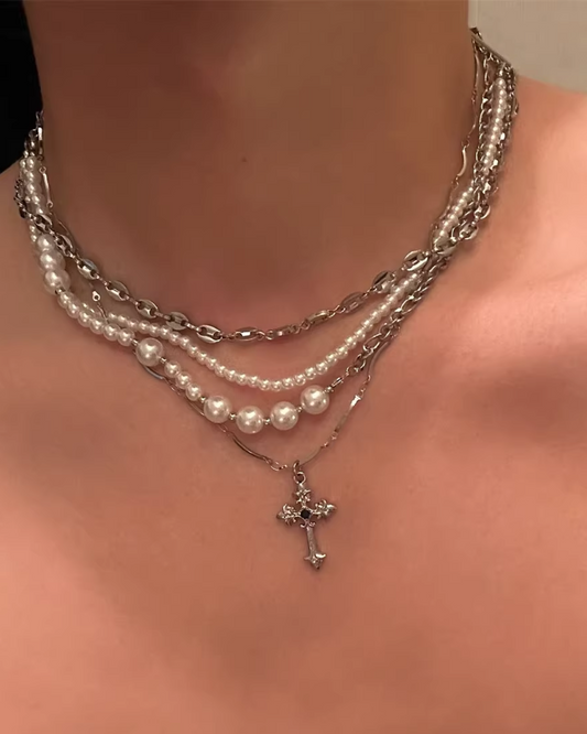 ホワイトボールシルバーチェーンネックレス　L0196