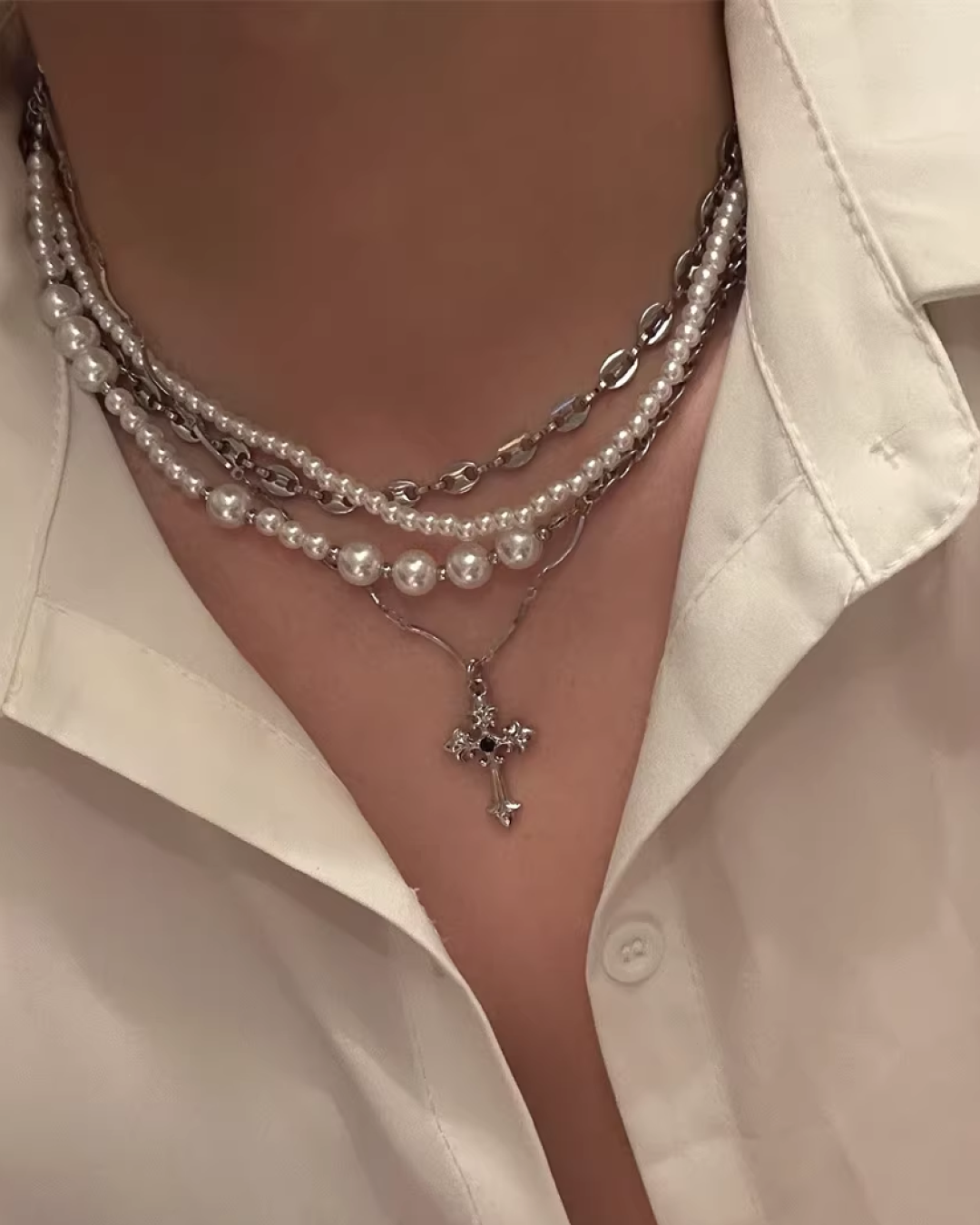 ホワイトボールシルバーチェーンネックレス　L0196