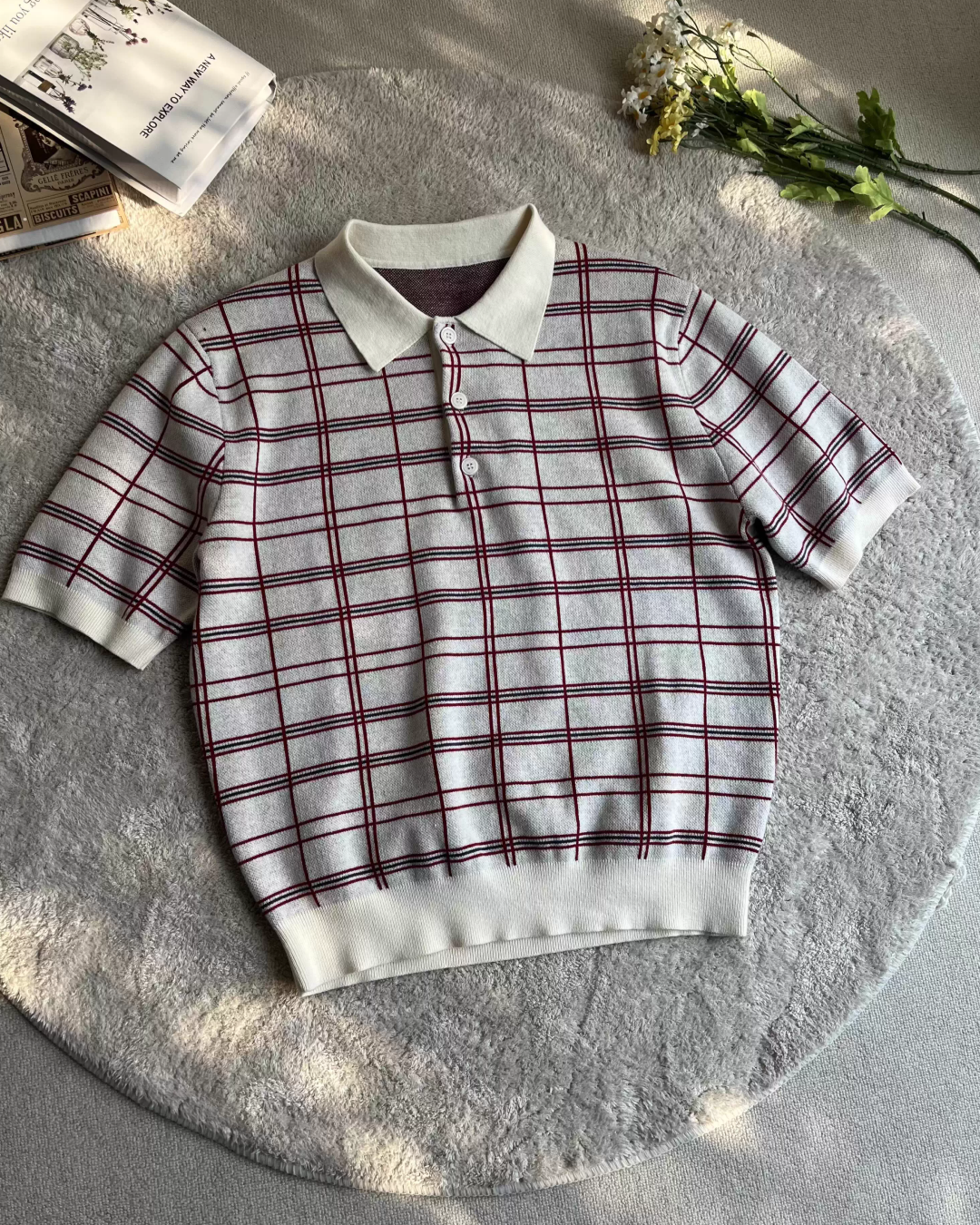 レッドチェックニットポロシャツ　MN0019