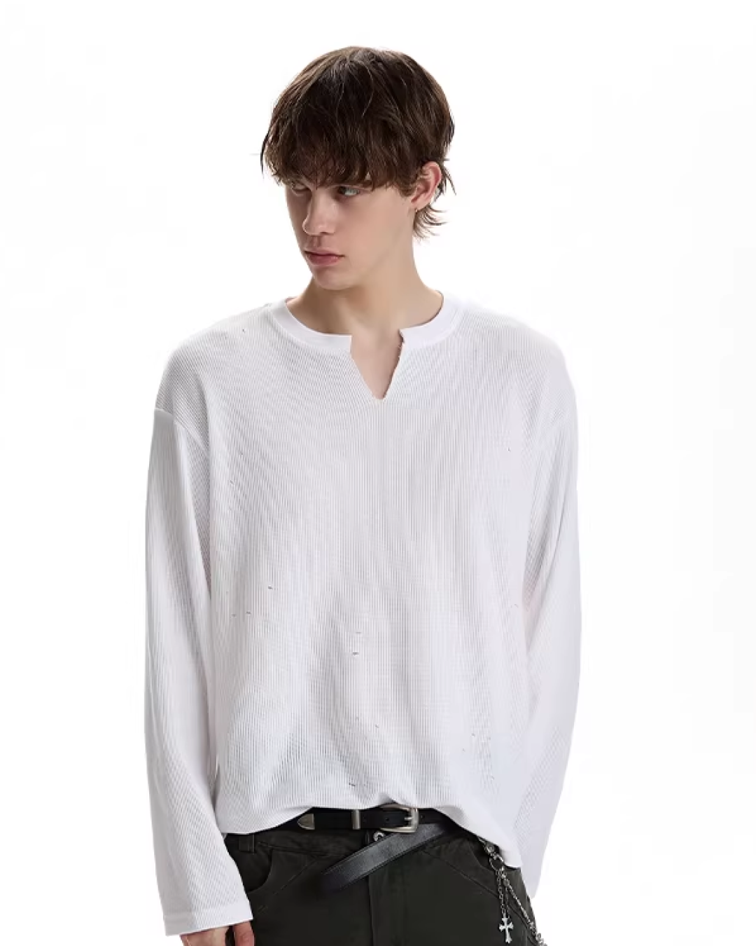 VネックワッフルロンT　MN0024