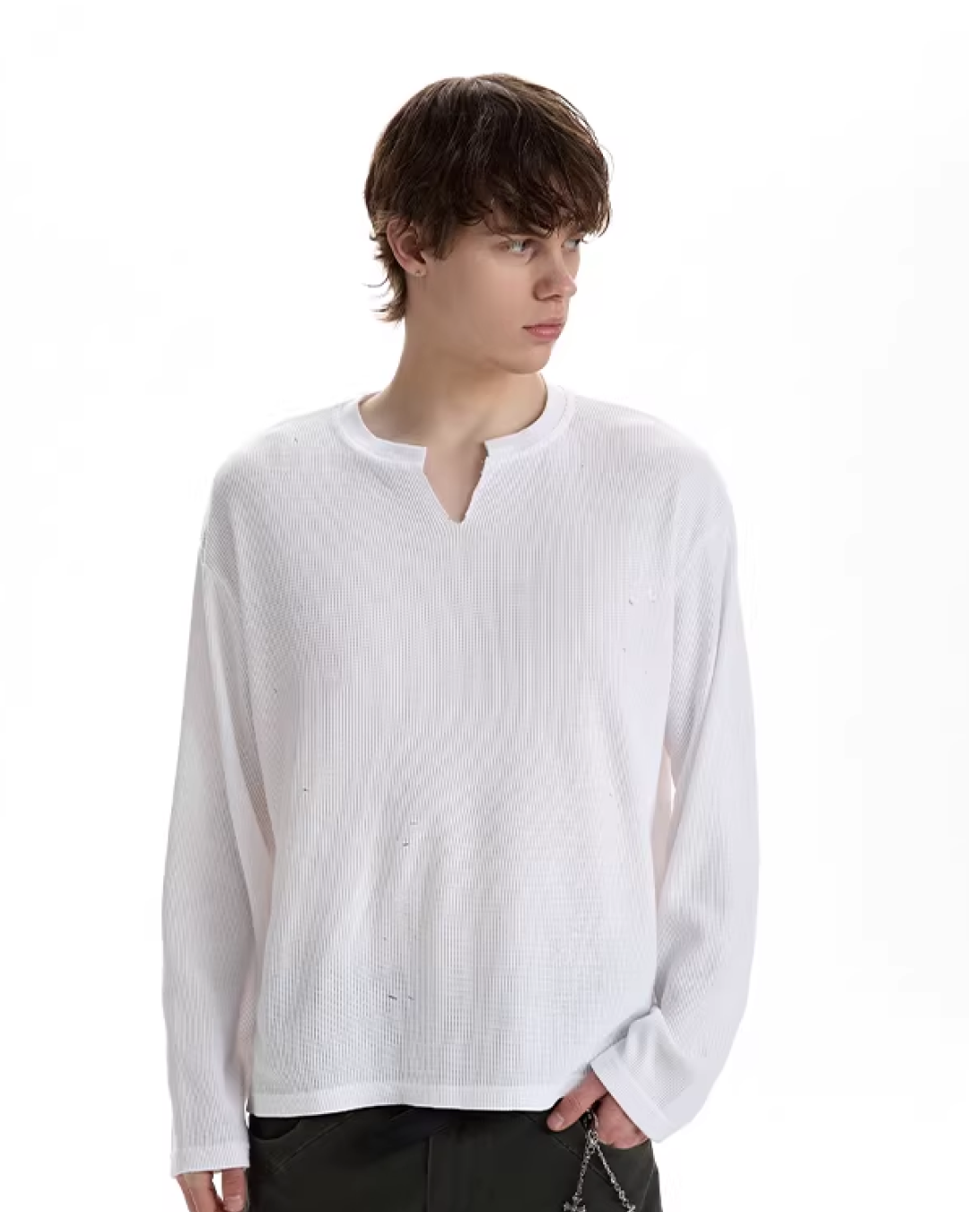 VネックワッフルロンT　MN0024